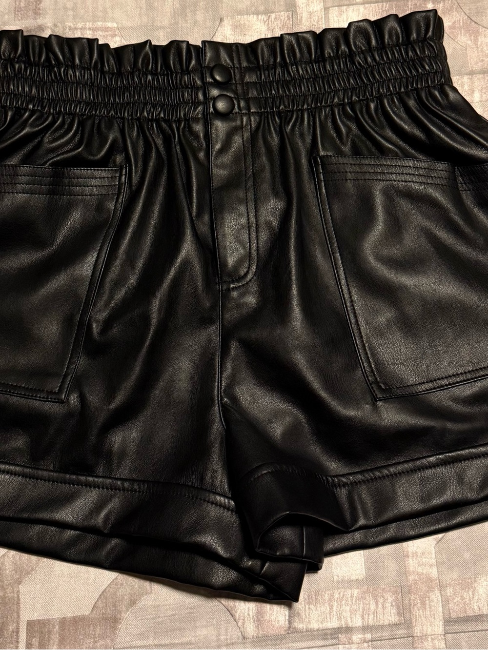 New Elan Black High-Waist Faux Leather Shorts with Patch Pockets